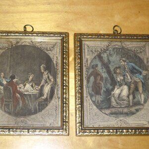 Two Small Antique Gold Gilt Wood Frame Colored Lithograph French Art  Print